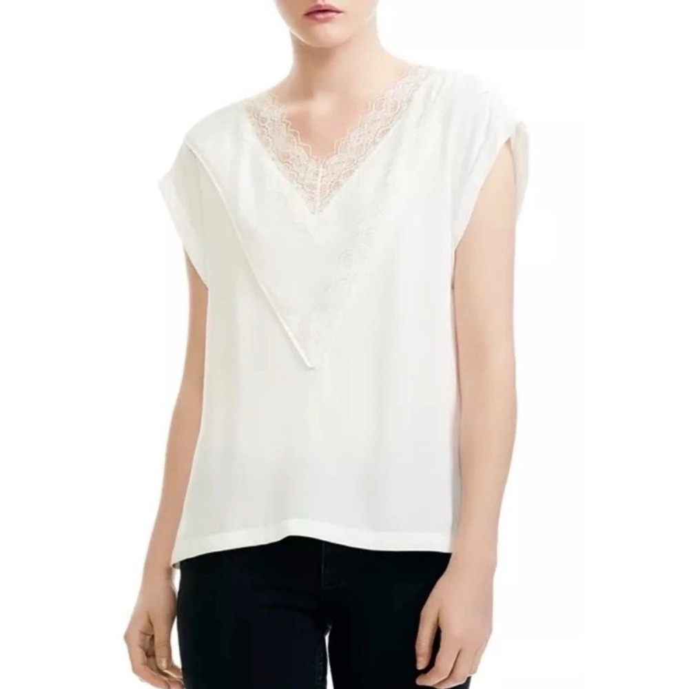 Maje Lushane Lace Trim V-Neck Cap Sleeve Blouse White Ivory Shirt Top Size Large